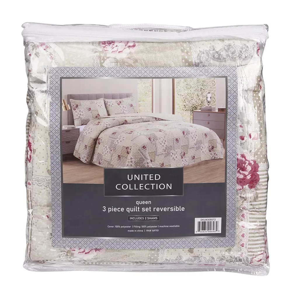 United Collection Queen Reversible Quilt Set, 3 Piece