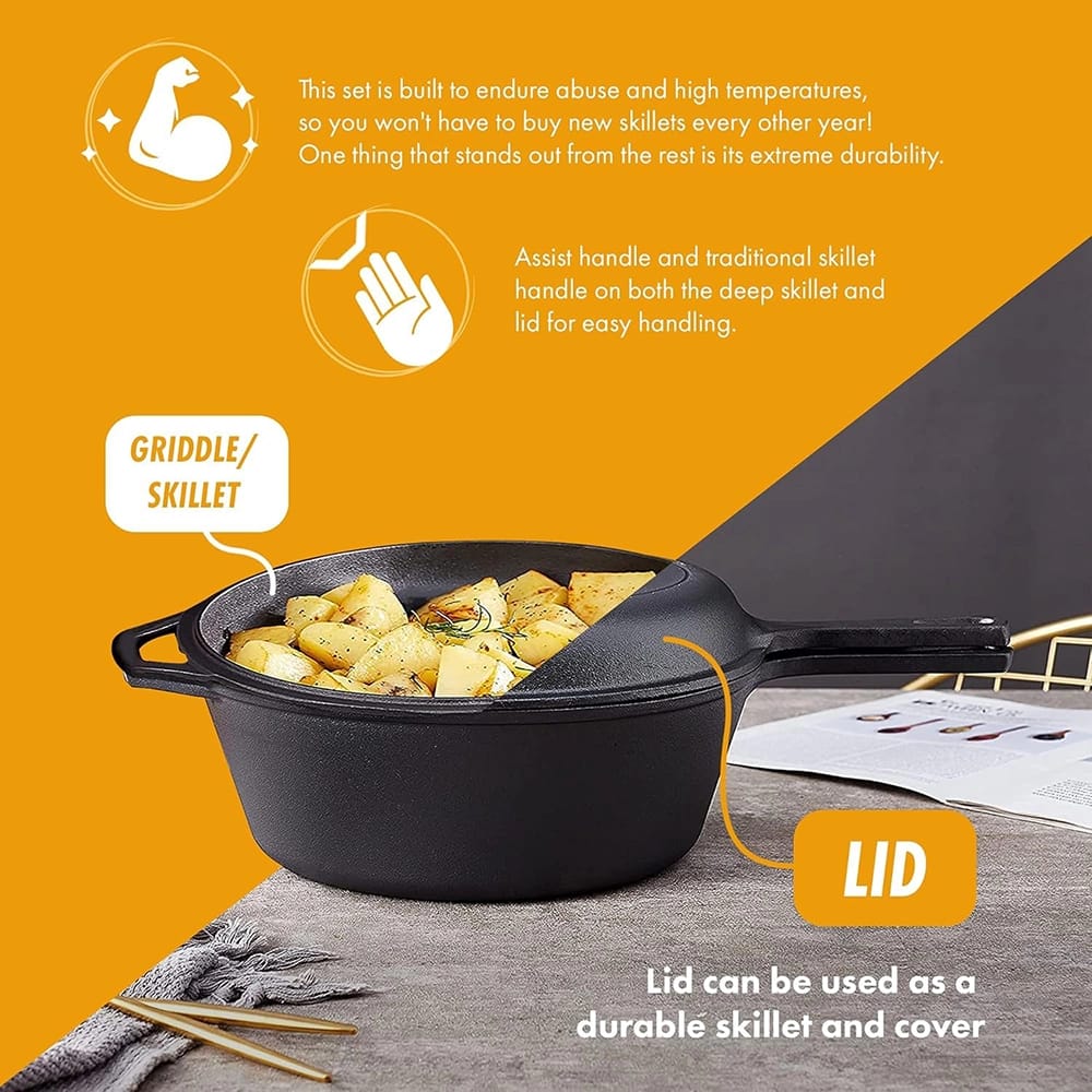 Bruntmor 2-in-1 5-Quart Pre-Seasoned Cast Iron Multi-Cooker