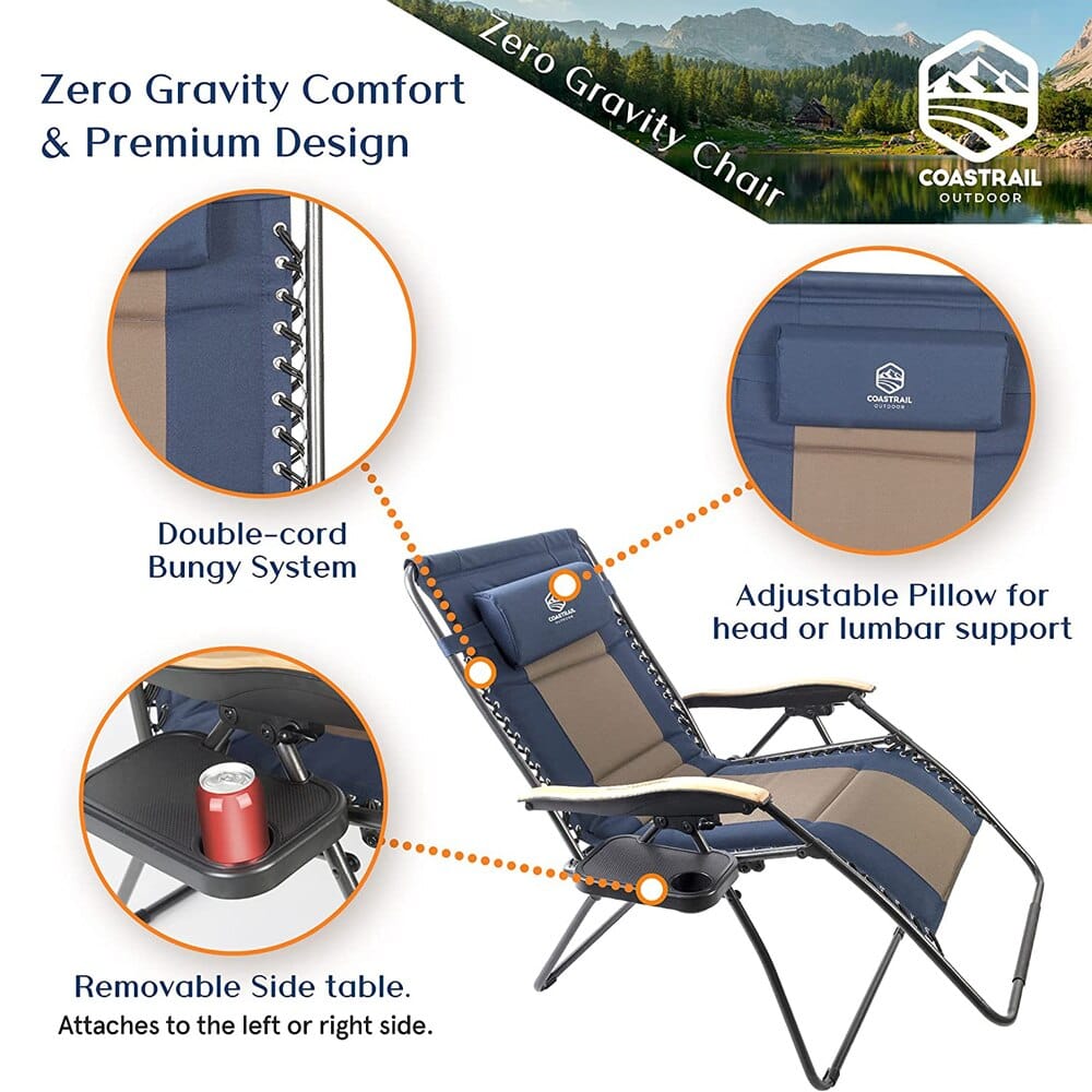 Coastrail Outdoor Zero Gravity Chair with Premium Wood-Like Armrests & Side Table with Cup Holder, Navy/Brown