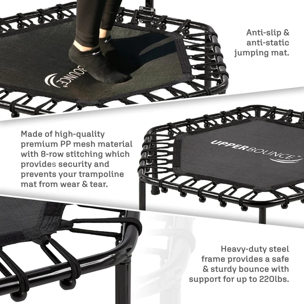 Machrus Upper Bounce Hexagonal Mini Trampoline with Adjustable T-Shaped Handrail, Black, 40"