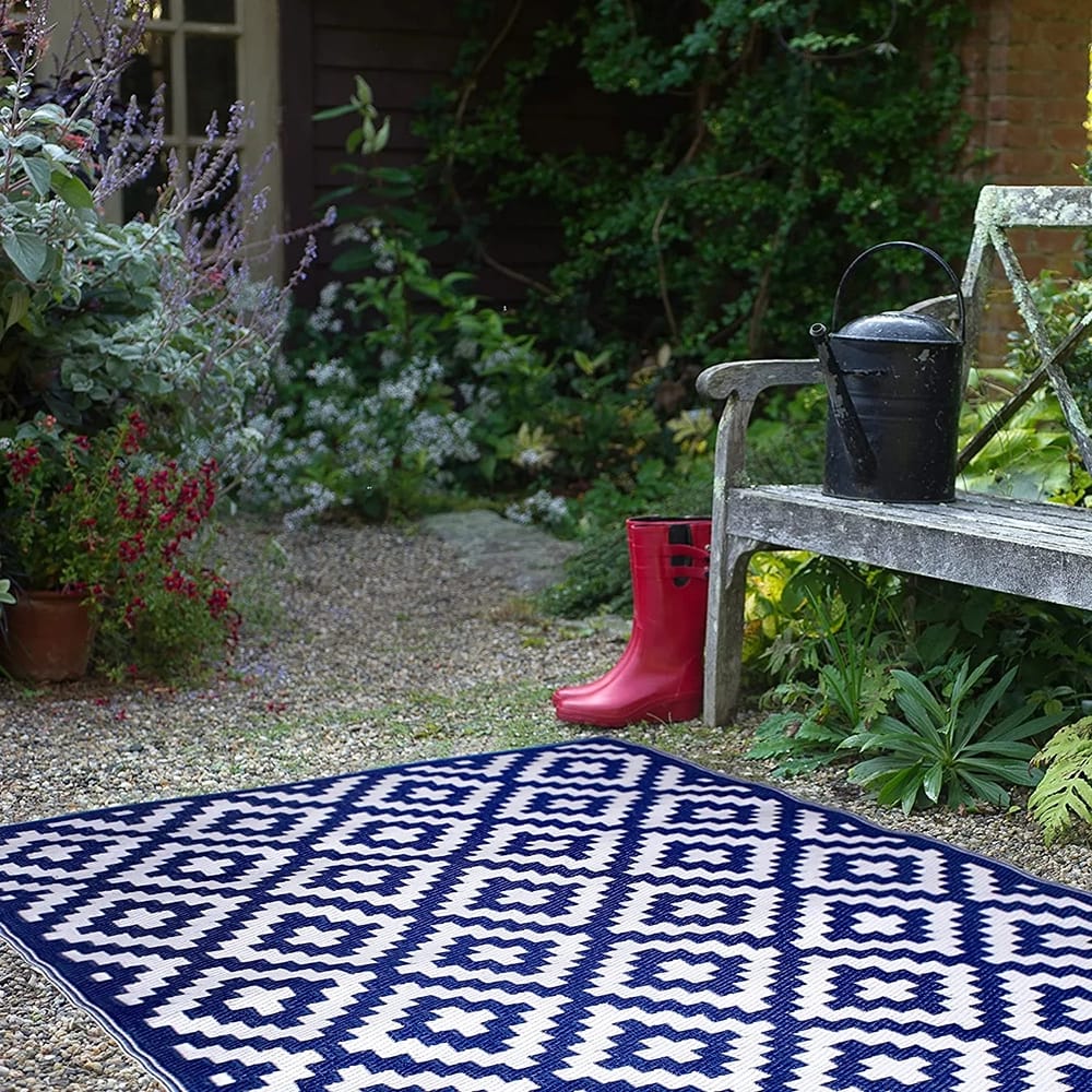 FH Home Reversible Outdoor Area Rug, 5' x 8', Aztec-Blue