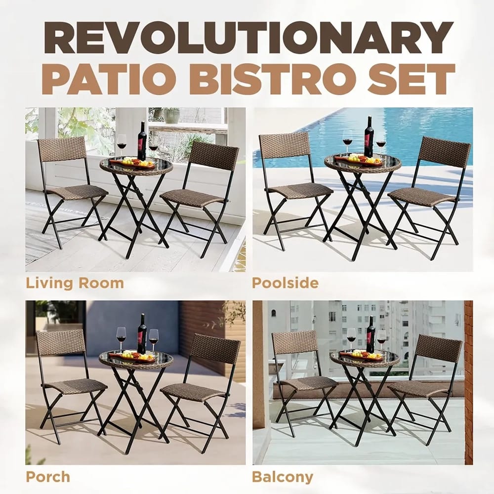 Idzo 3-Piece Metal Wicker Bistro Set With Glass Round Table