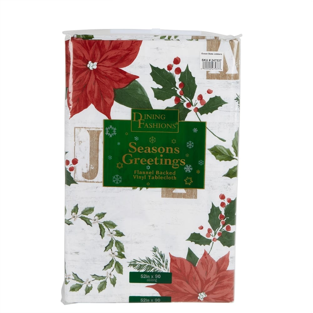 Seasons Greetings Holiday Vinyl Tablecloth with Flannel Backing