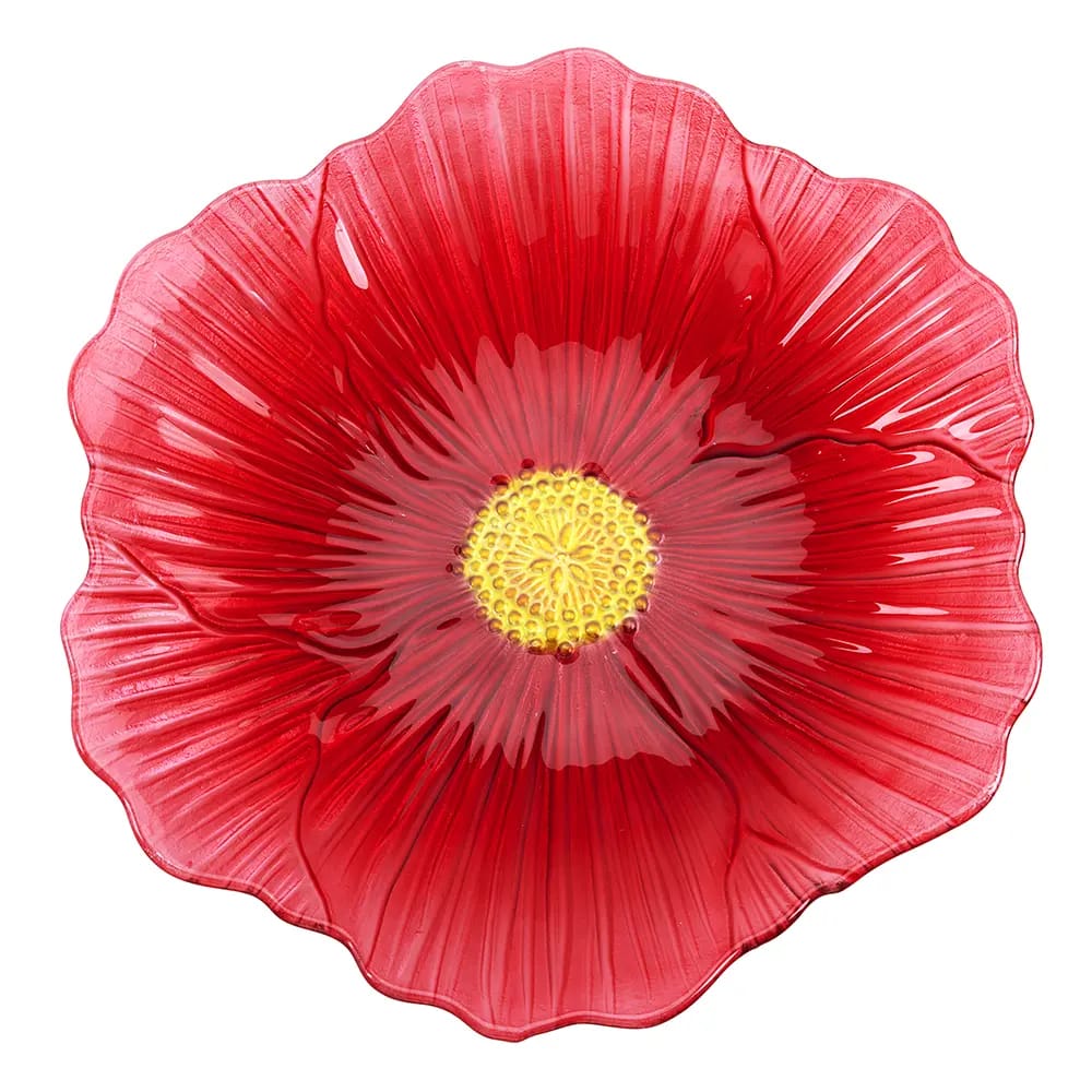 Glass Flower Bird Bath, Red, 16"