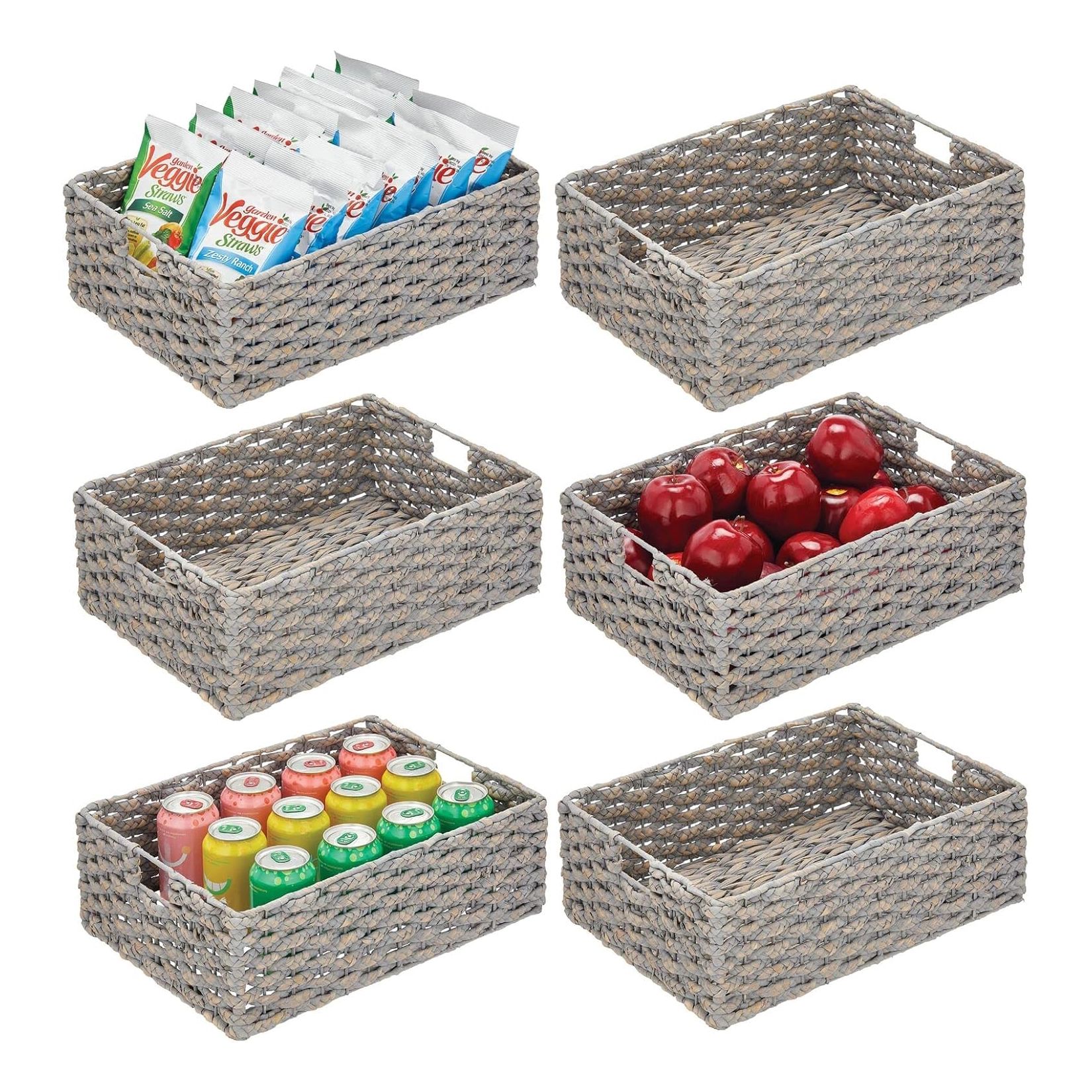 mDesign Hyacinth Braided Woven Kitchen Basket, Gray, 6 Pack