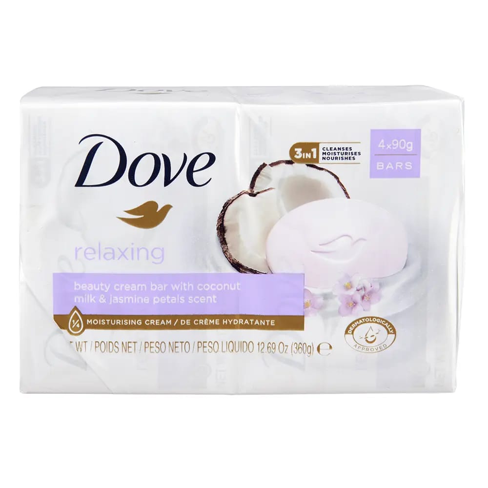 Dove Relaxing Beauty Cream Bar with Coconut Milk & Jasmine Petals Scent, 4 Pack