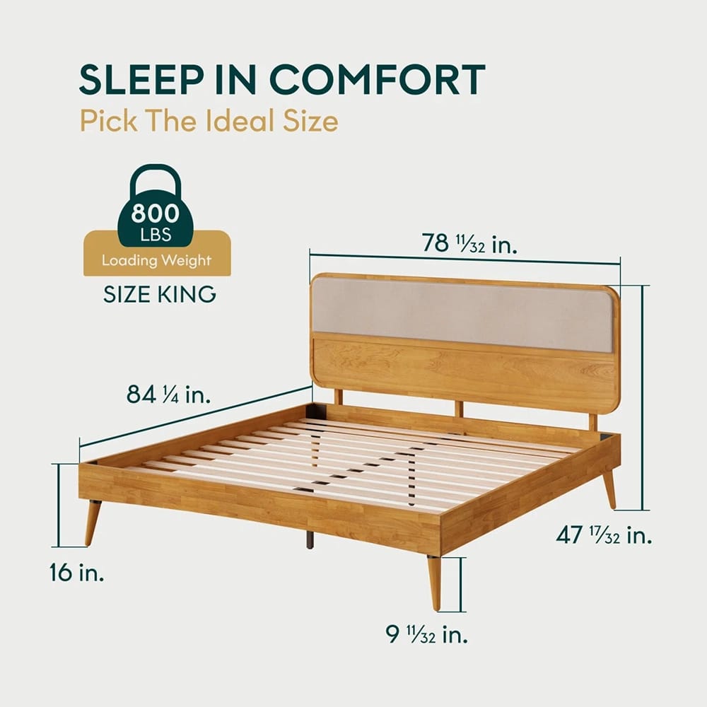 Bme Calista Wood King Bed Frame With Fabric Panel Headboard, Teak Brown