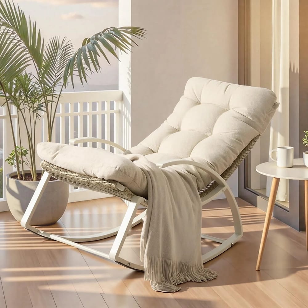 IRONCK Patio Rocking Chair with Cushion, Beige