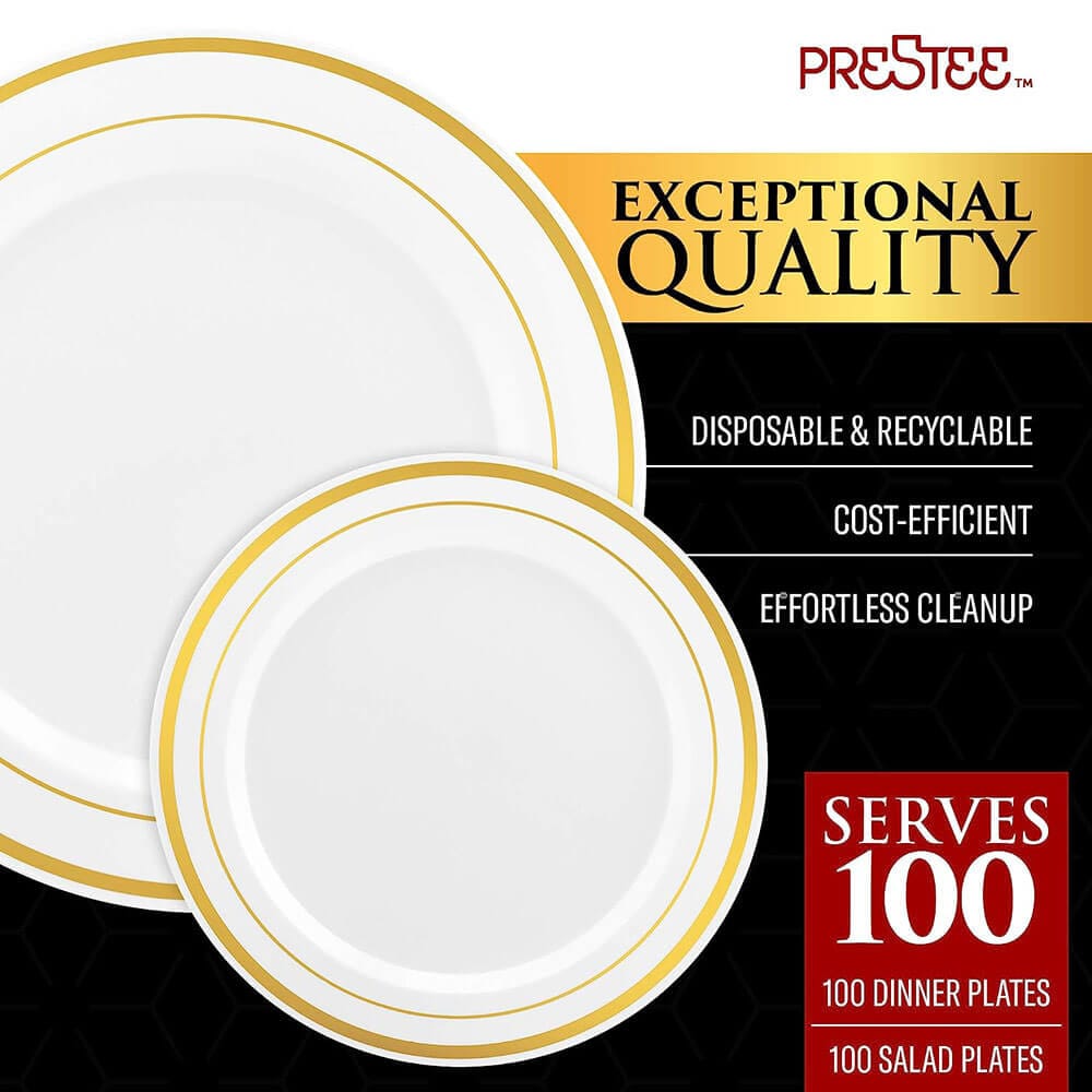 Prestee 200-Piece Party Plate Combo Set, White/Gold