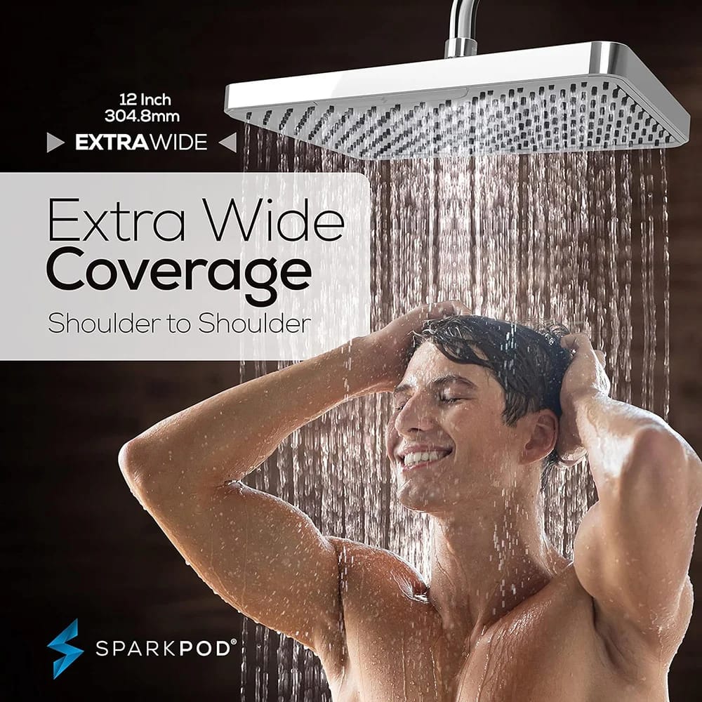 SparkPod 12" Rectangle Rain Shower Head, Chrome/White