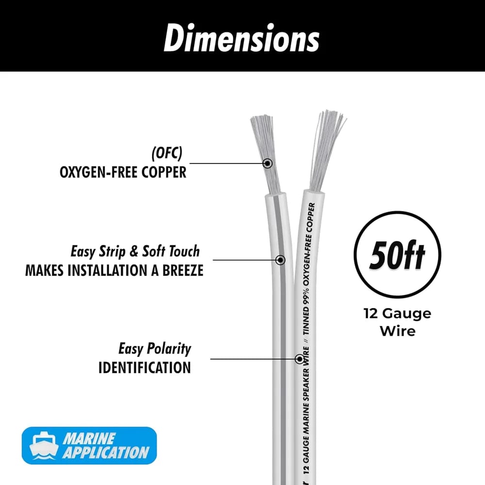 InstallGear 12 Gauge Tinned OFC Speaker Wire Cable, White, 50 ft