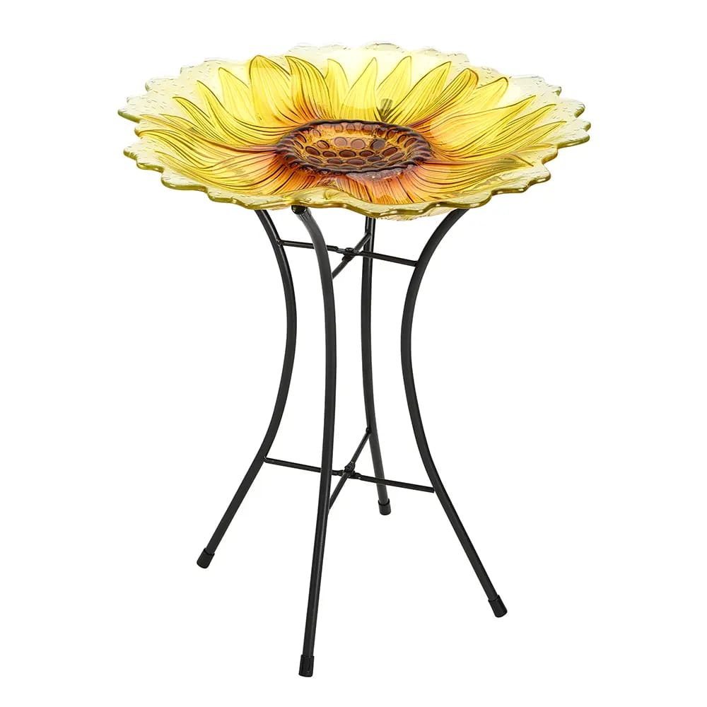 Glass Flower Bird Bath, Yellow, 16"
