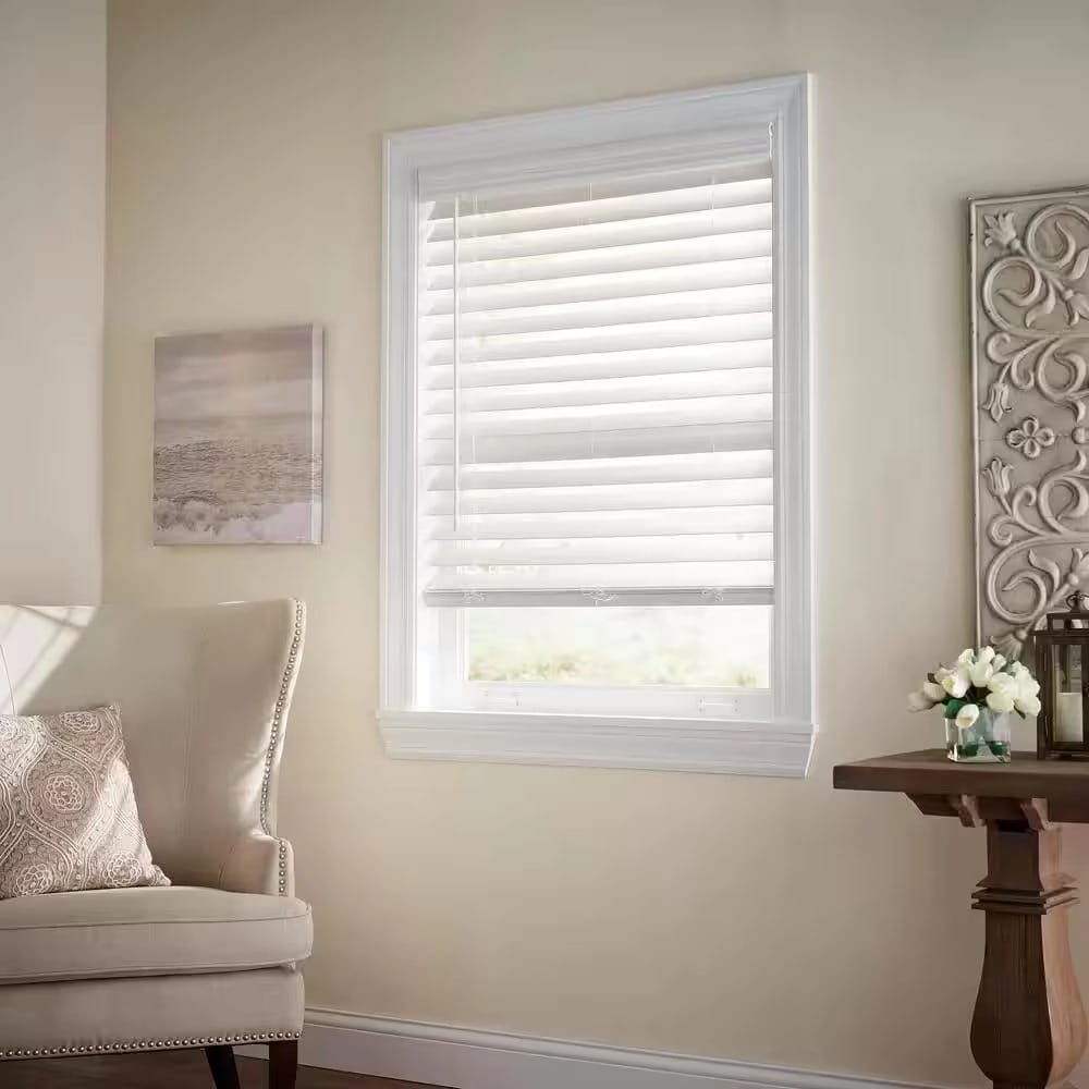 Cordless Premium Faux Wood Blinds with 2.5" Slats, White, 34" x 64"