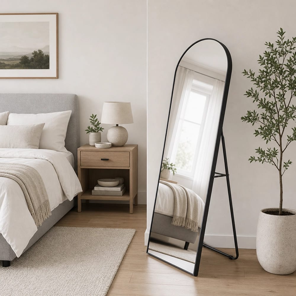 Hamilton Hills 18" x 58" Standing Round Corner Mirror, Black