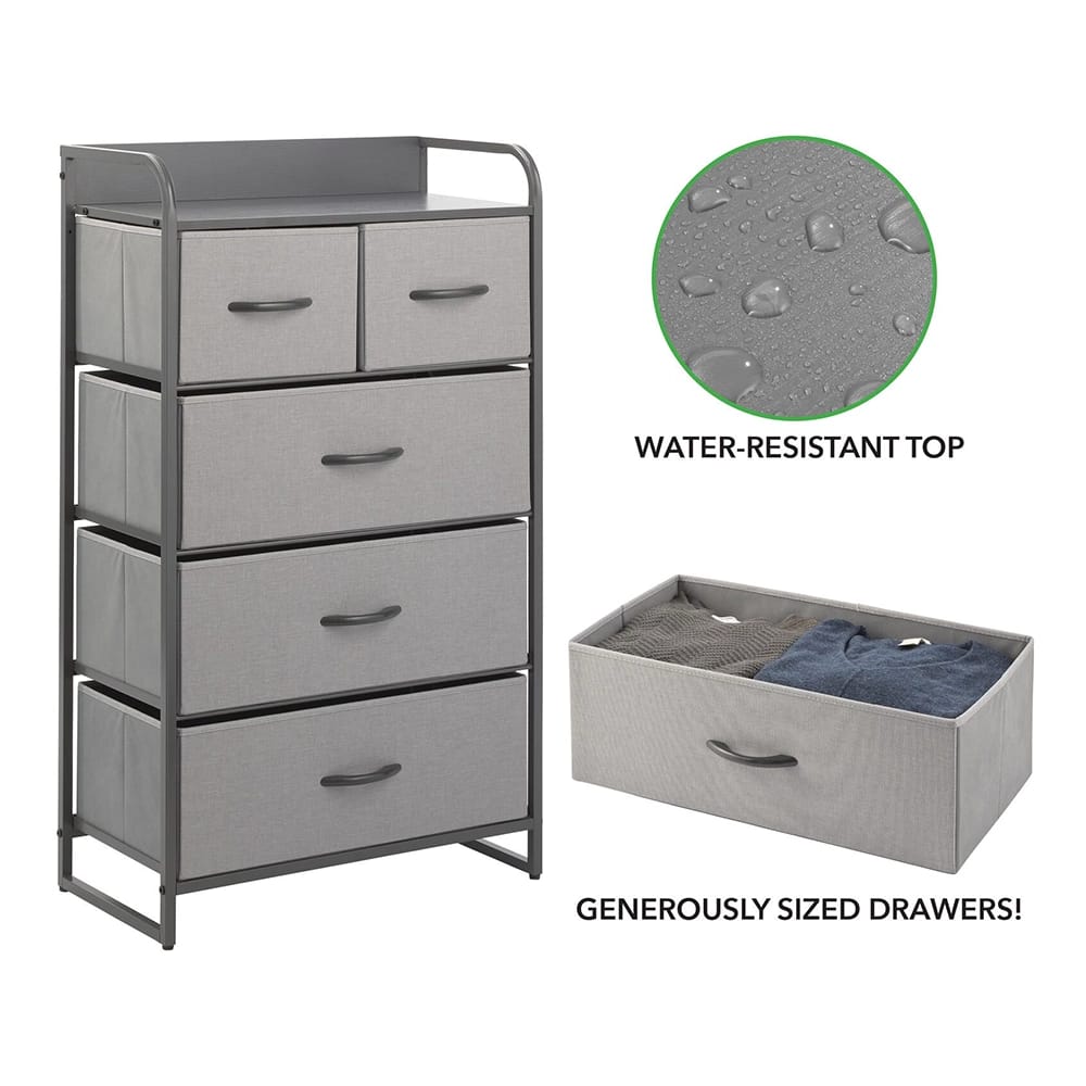 mDesign 5 Drawer Tall Dresser, Gray