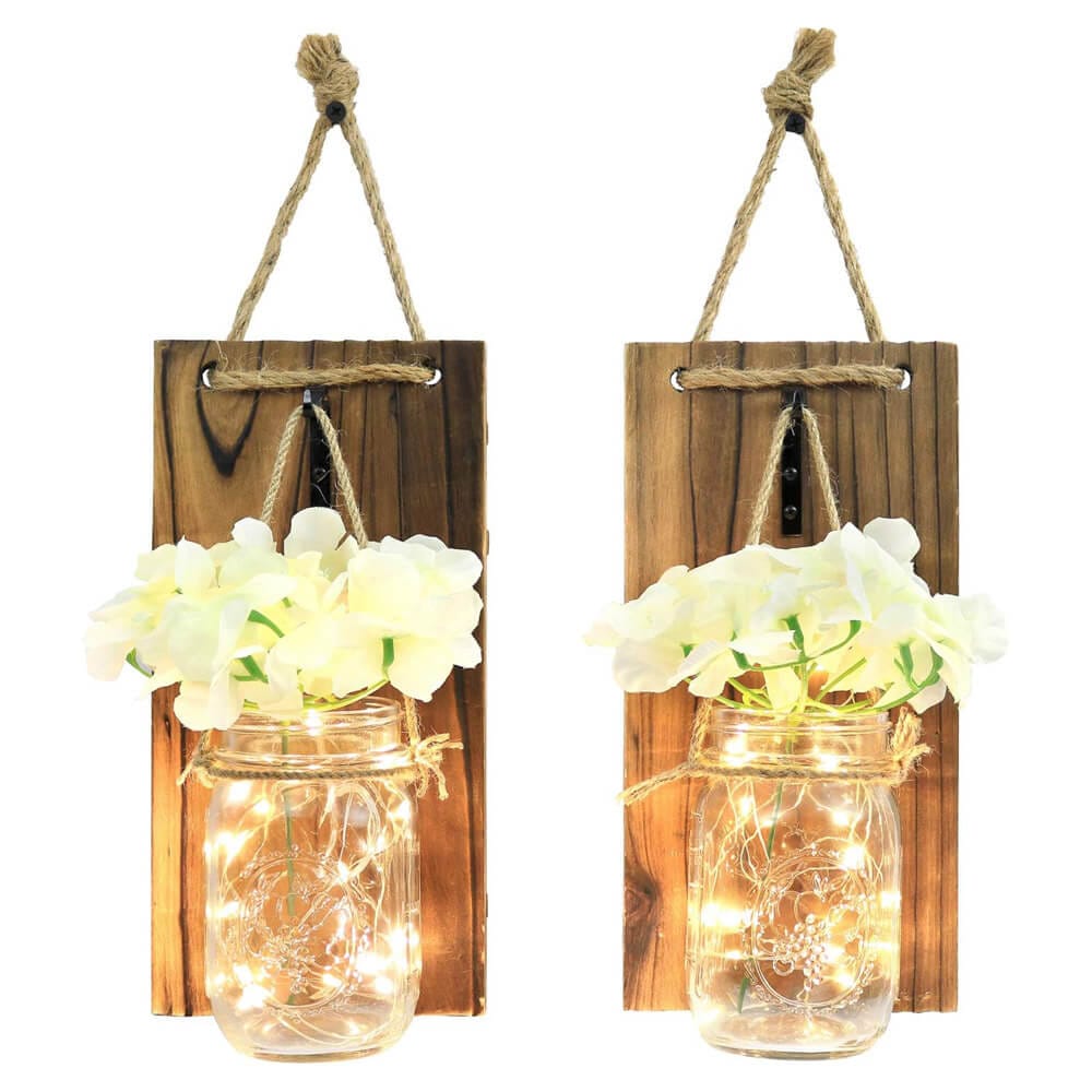 Greenco Rustic Style Wall-Mounted Mason Jar Sconce with Faux Flower & LED Strip Lights, Set of 2