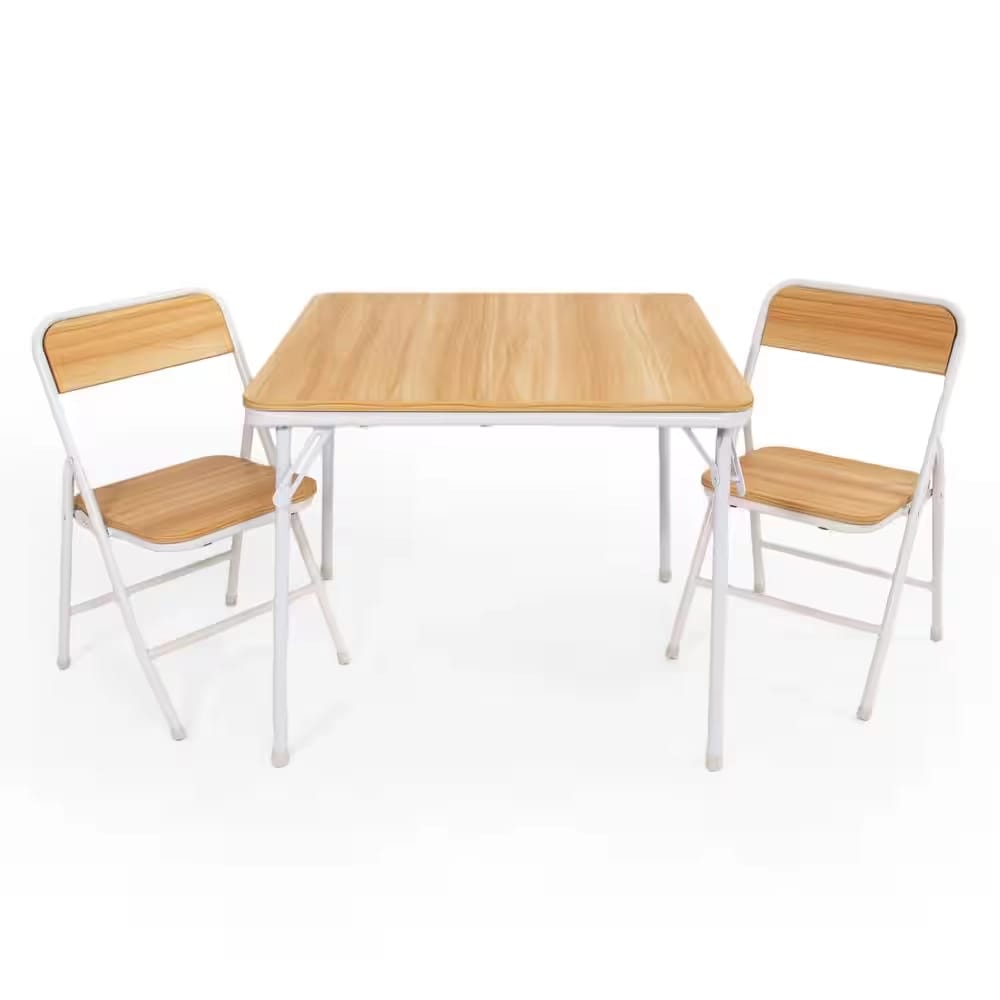 Humble Crew Kids Metal Folding Table and 2 Chairs Set, Natural Wood/White