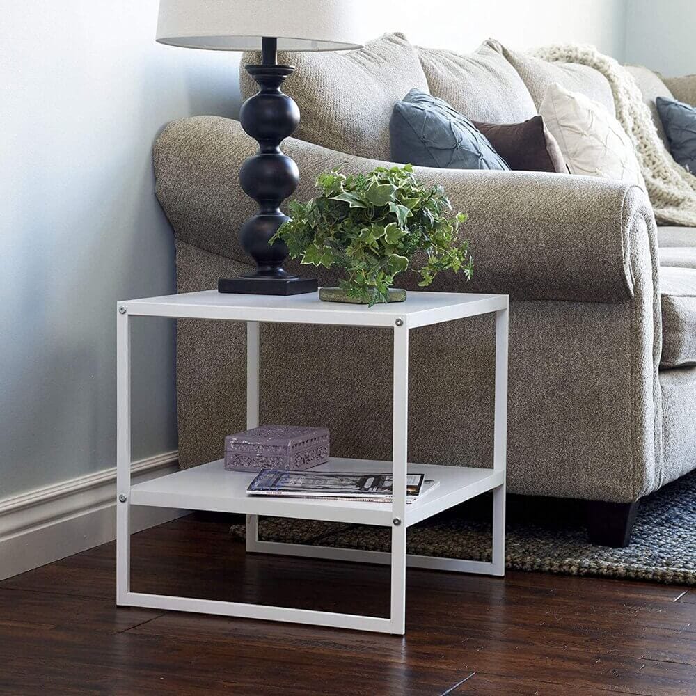 Household Essentials Jamestown Collection Mid-Century Square Side Table with Shelf, White