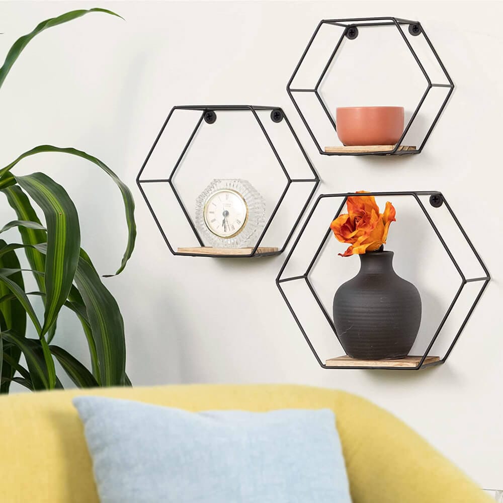 Greenco Geometric Hexagon Shaped Floating Shelves, Set of 3, Black