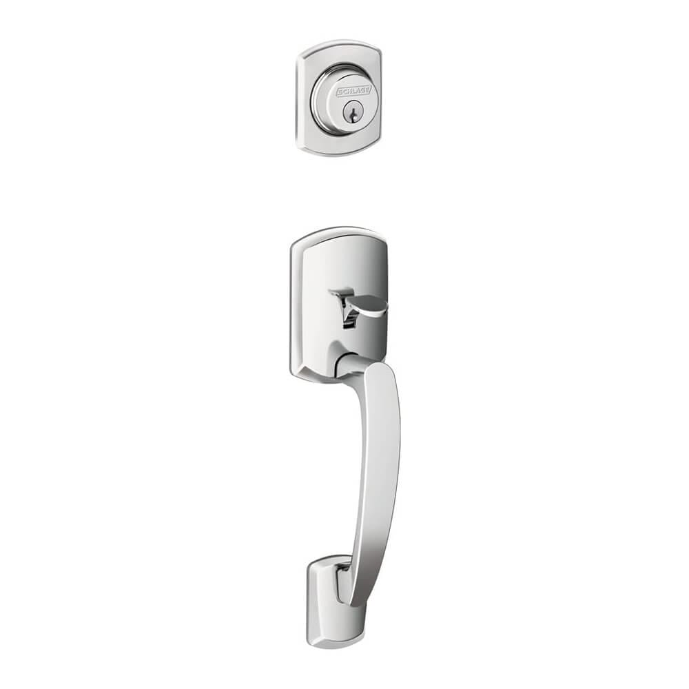 Schlage Greenwich Exterior Dummy Handleset Lever, Bright Chrome