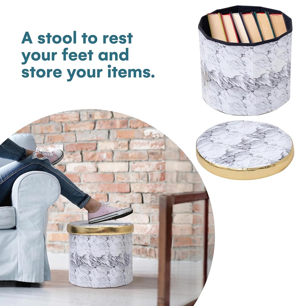 Round Footstool with Storage, White Marble