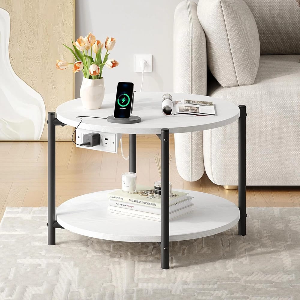 LIKIMIO 23.6" Double-Tiered Round End Tables with Charging Station, White