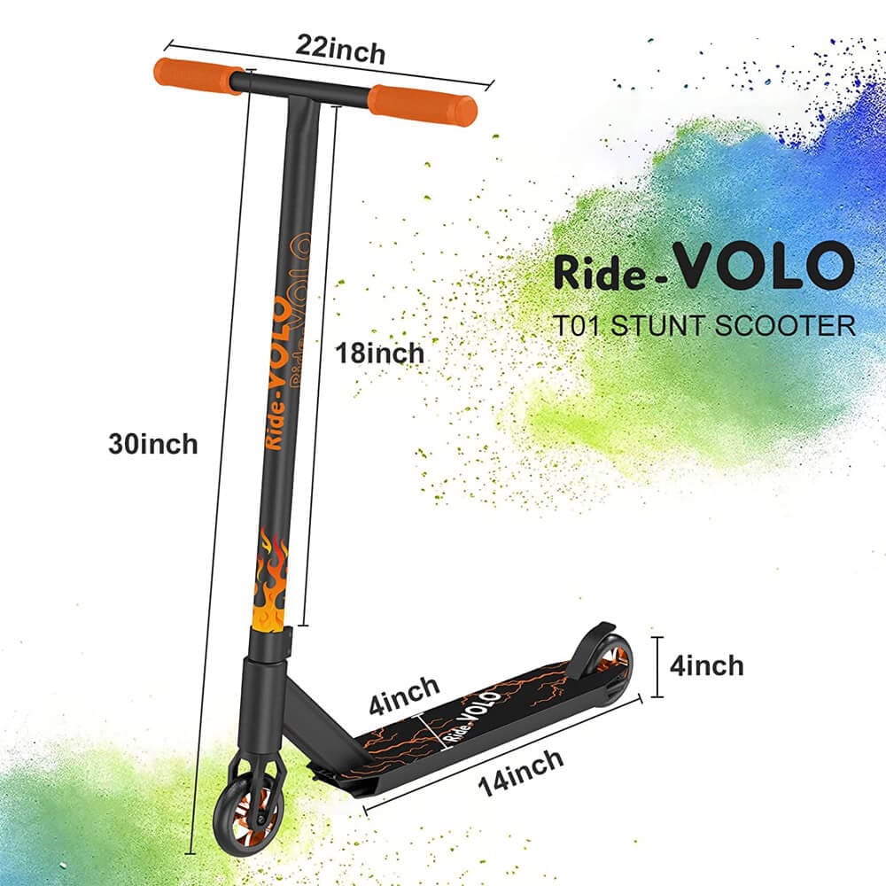 RideVOLO Pro Stunt Scooter with Ultra Wide Aluminum Deck, Orange/Black