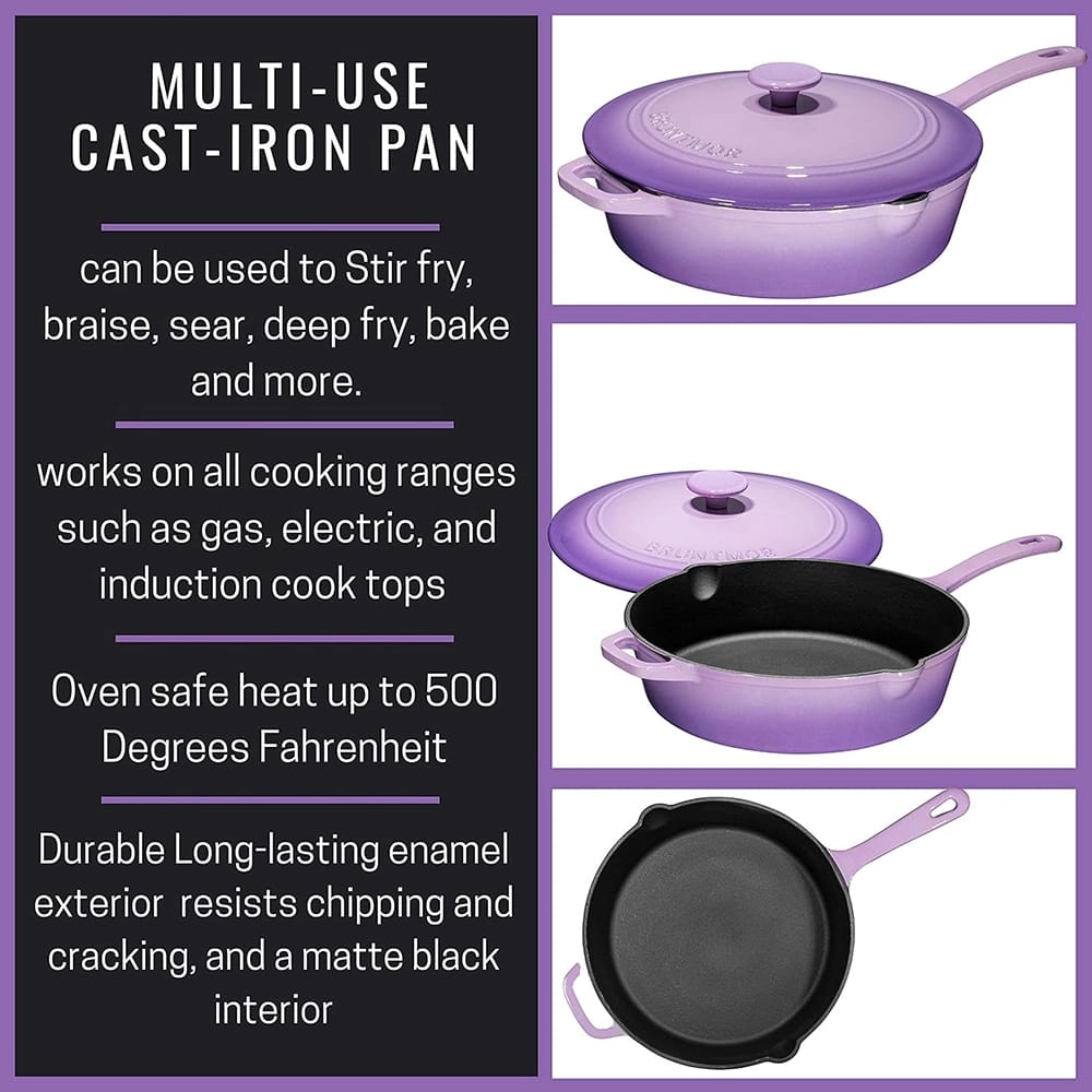 Bruntmor 5-Quart Cast Iron Skillet With Lid, Purple