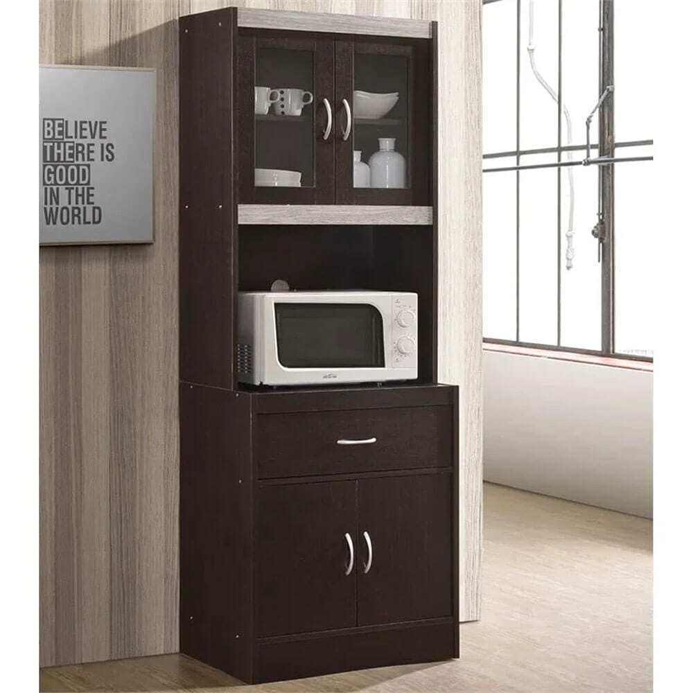 Hodedah Kitchen Cabinet with Drawer & Space for Microwave, Chocolate/Gray