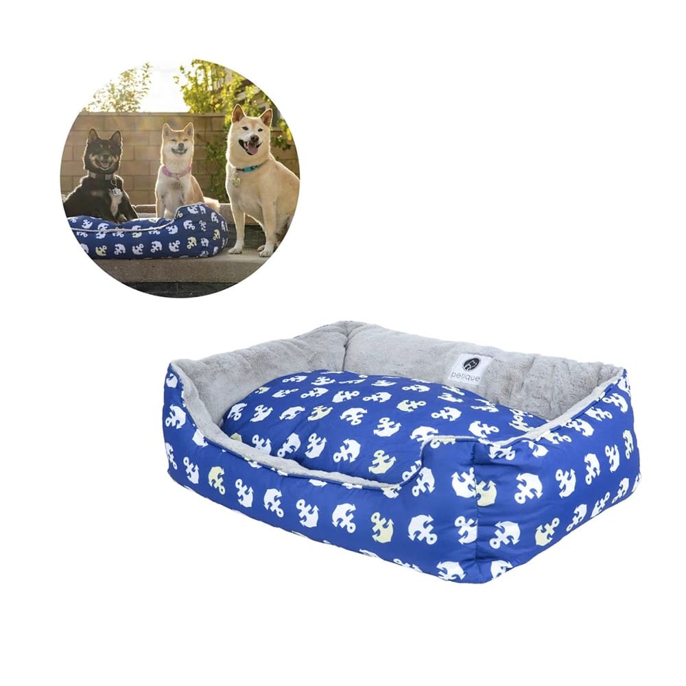 PETIQUE Small Reversible Pet Bed, Gray/ Blue Anchors