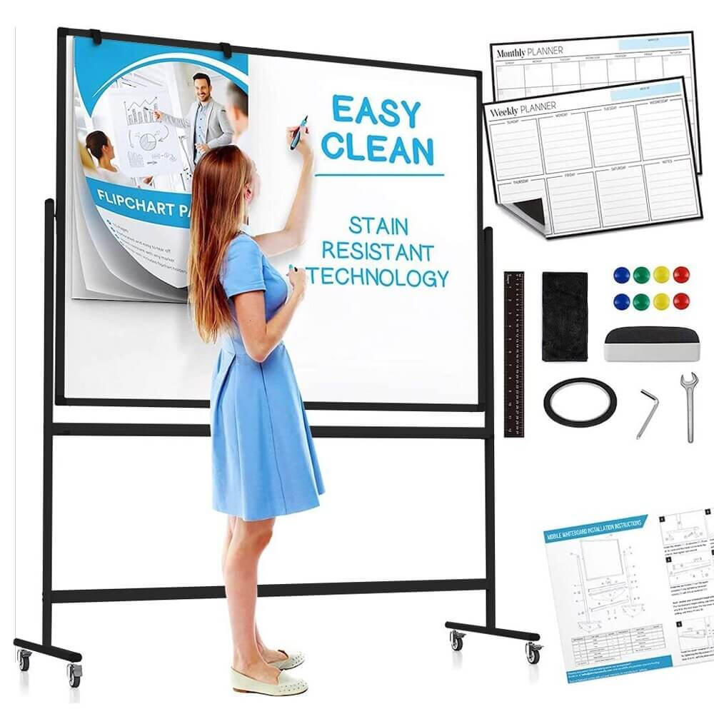 Cinch! Large Mobile Rolling Whiteboard on Wheels, 48" x 36", Black