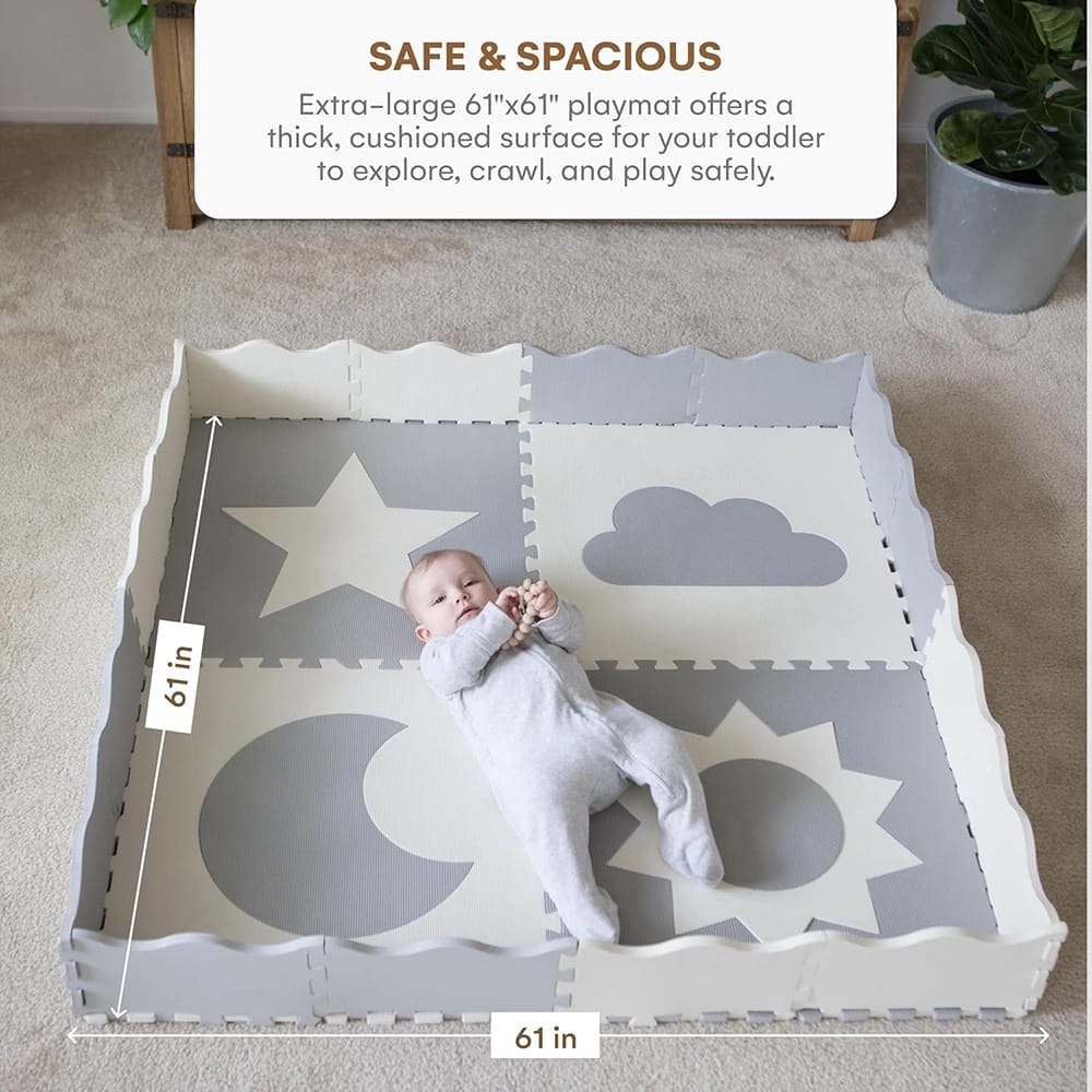Childlike Behavior Baby Play Mat Tiles, 61" x 61", Gray/White