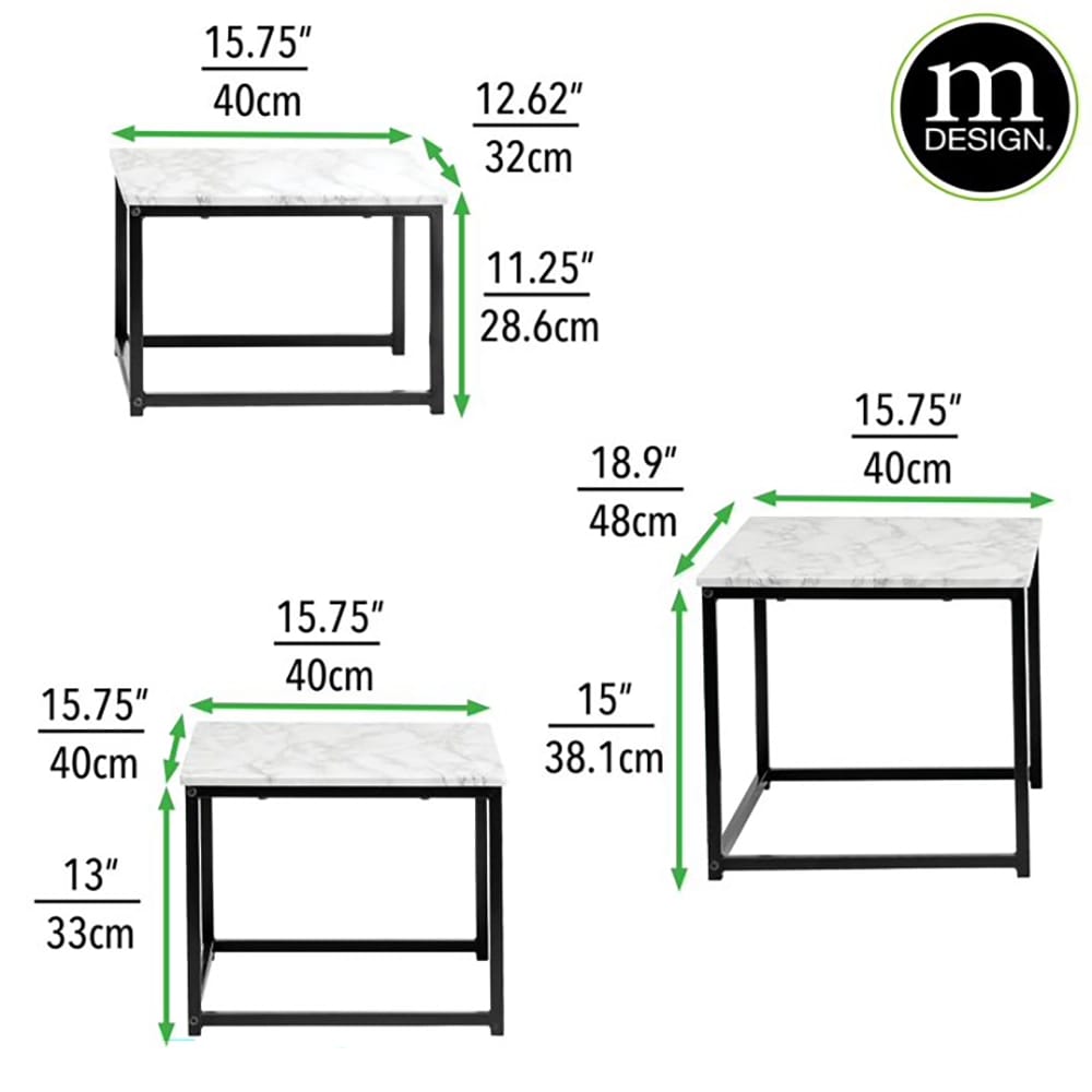 mDesign Modern Nesting Accent Table, Marble/Black, Set of 3