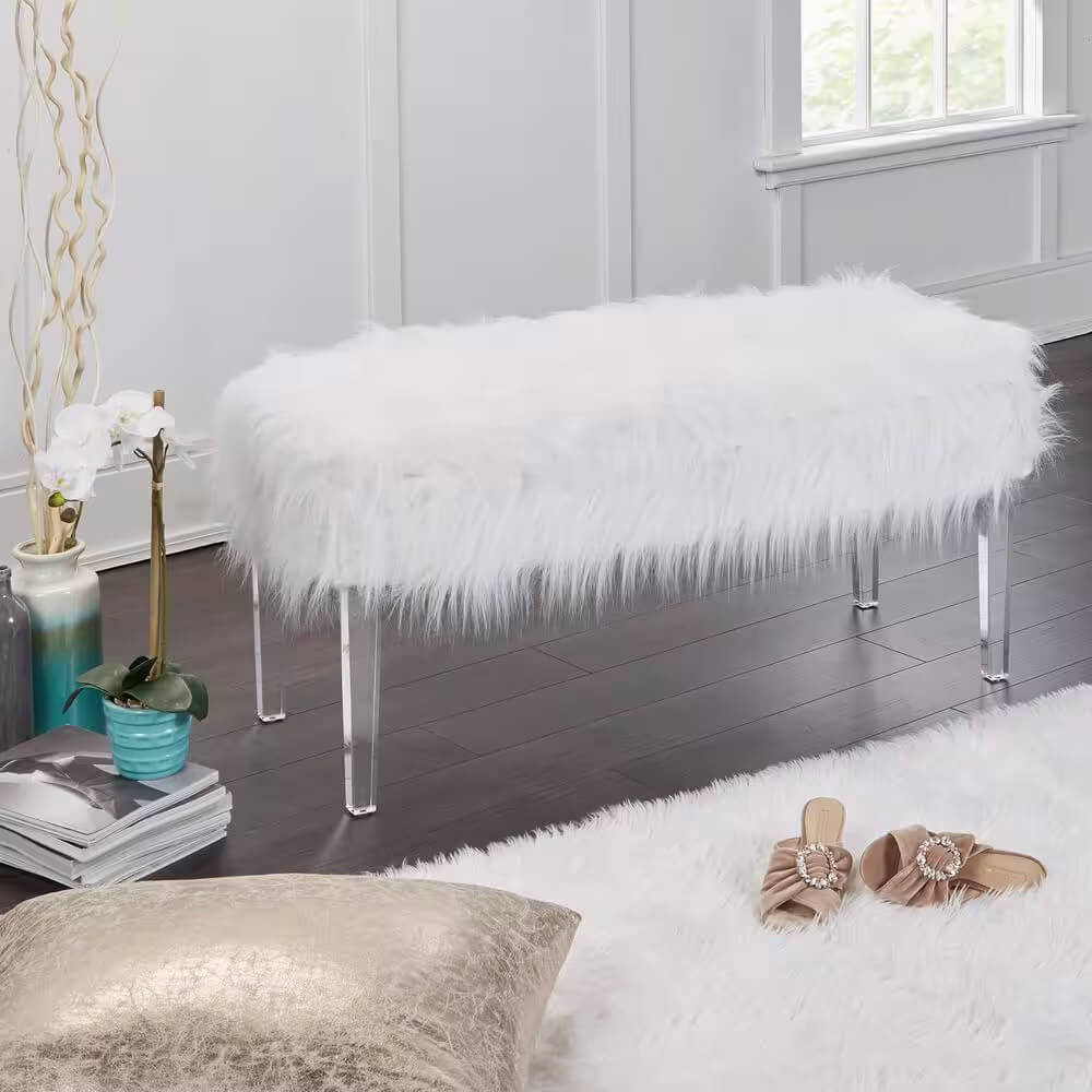 Vanessa Faux Fur Storage Bench, White