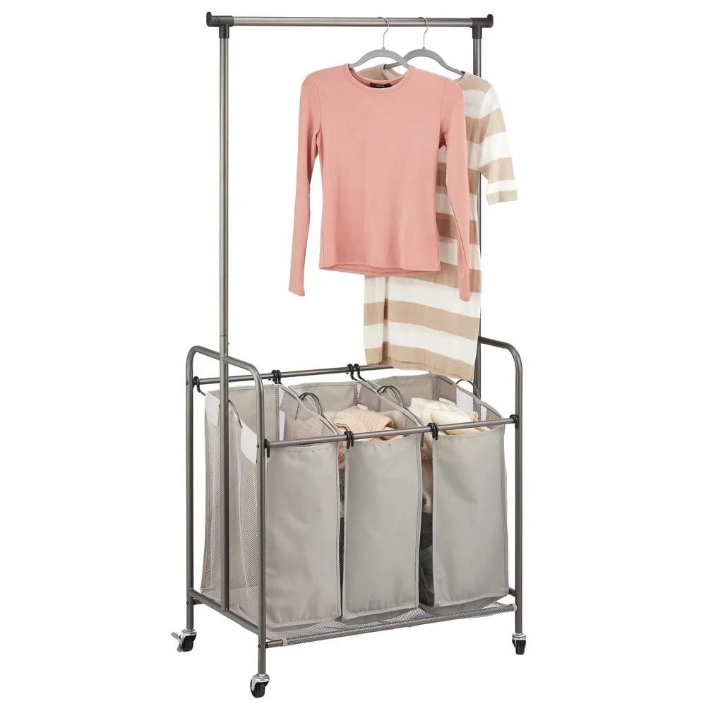 mDesign Portable Laundry Sorter with Wheels and Steel Hanging Bar, Graphite/Gray