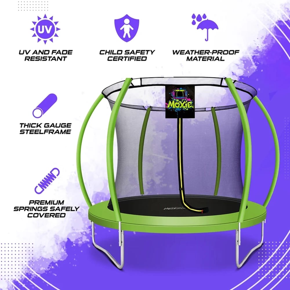 Machrus Moxie Pumpkin-Shaped Outdoor Trampoline Set with Premium Top-Ring Frame Safety Enclosure, Green Apple, 8'