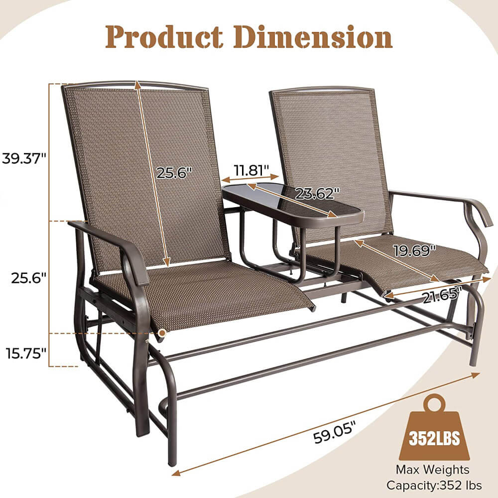 PatioPost 2-Person Outdoor Glider Bench with Center Table, Mocha