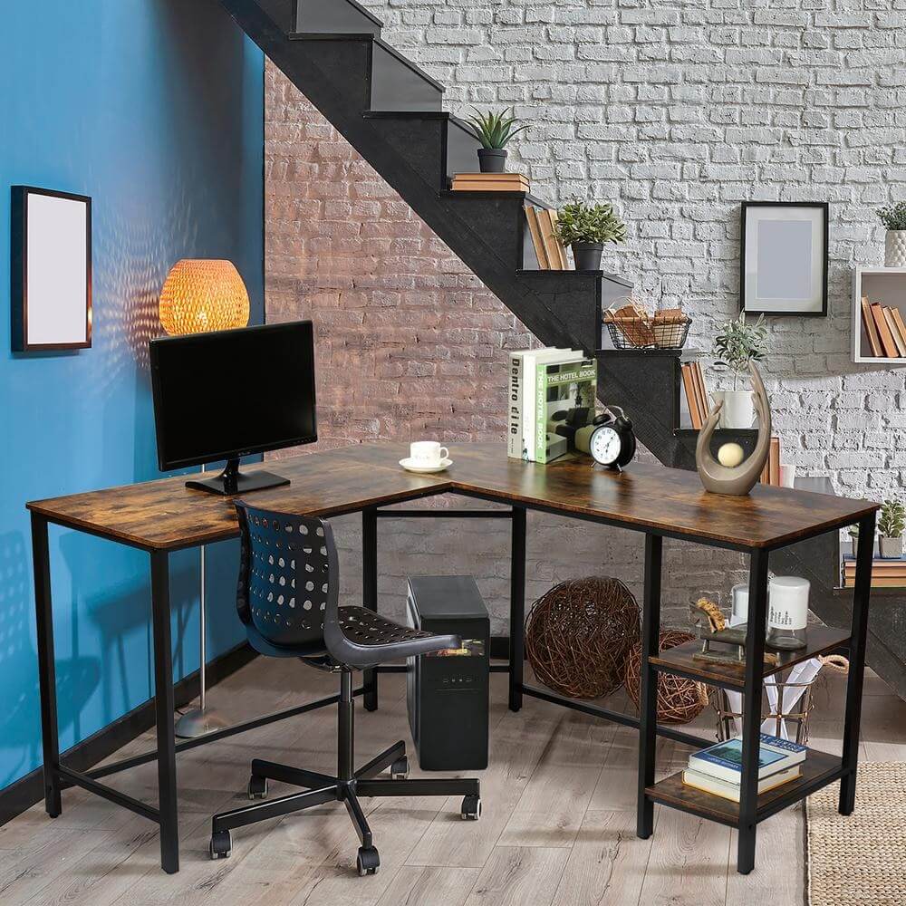 55" Industrial L-Shaped Computer Desk, Rustic Brown