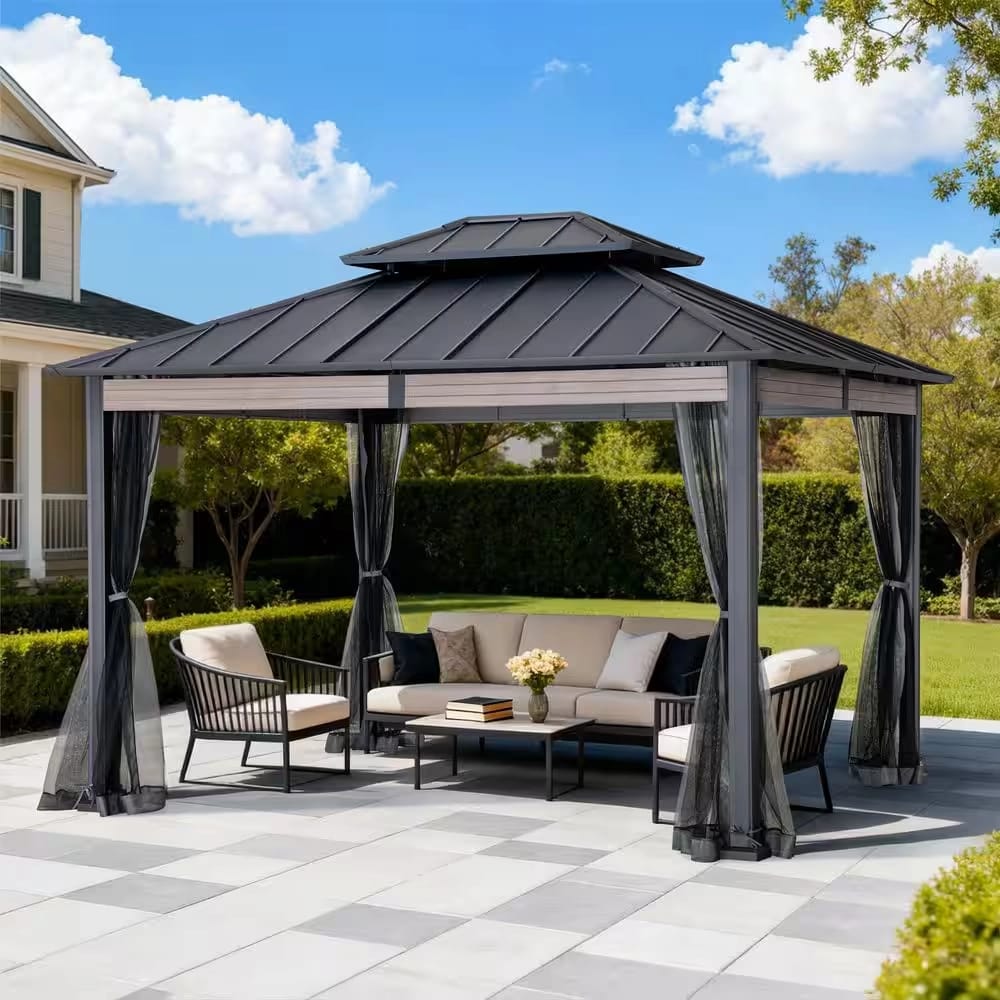 Real Living 10' x 12' Heavy-Duty Steel Hardtop Gazebo, Black