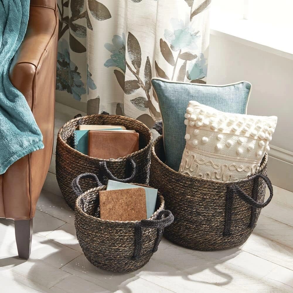 mDesign Round Woven Braided Rope Seagrass Basket, Black, 3 Pack