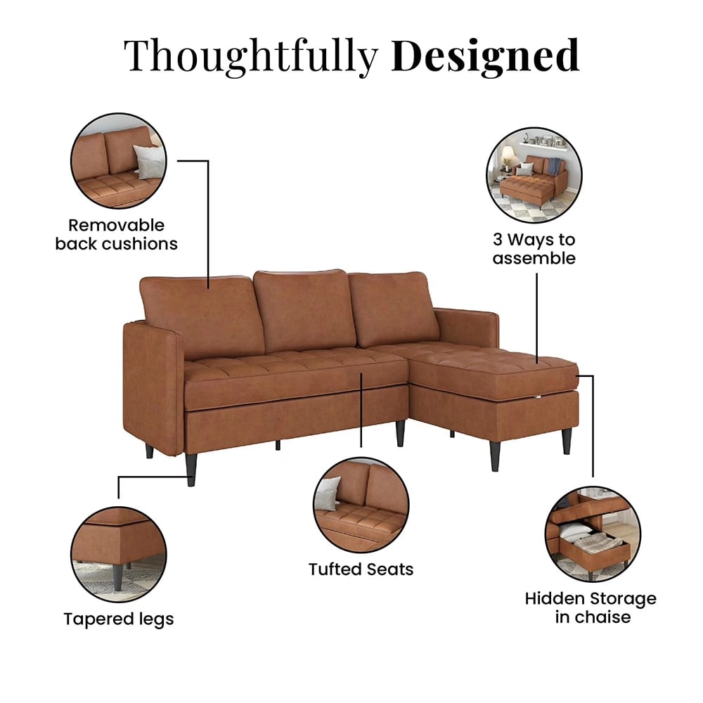 Dorel Home Xandor Modular Sectional Sofa with Storage Chaise, Camel Faux Leather