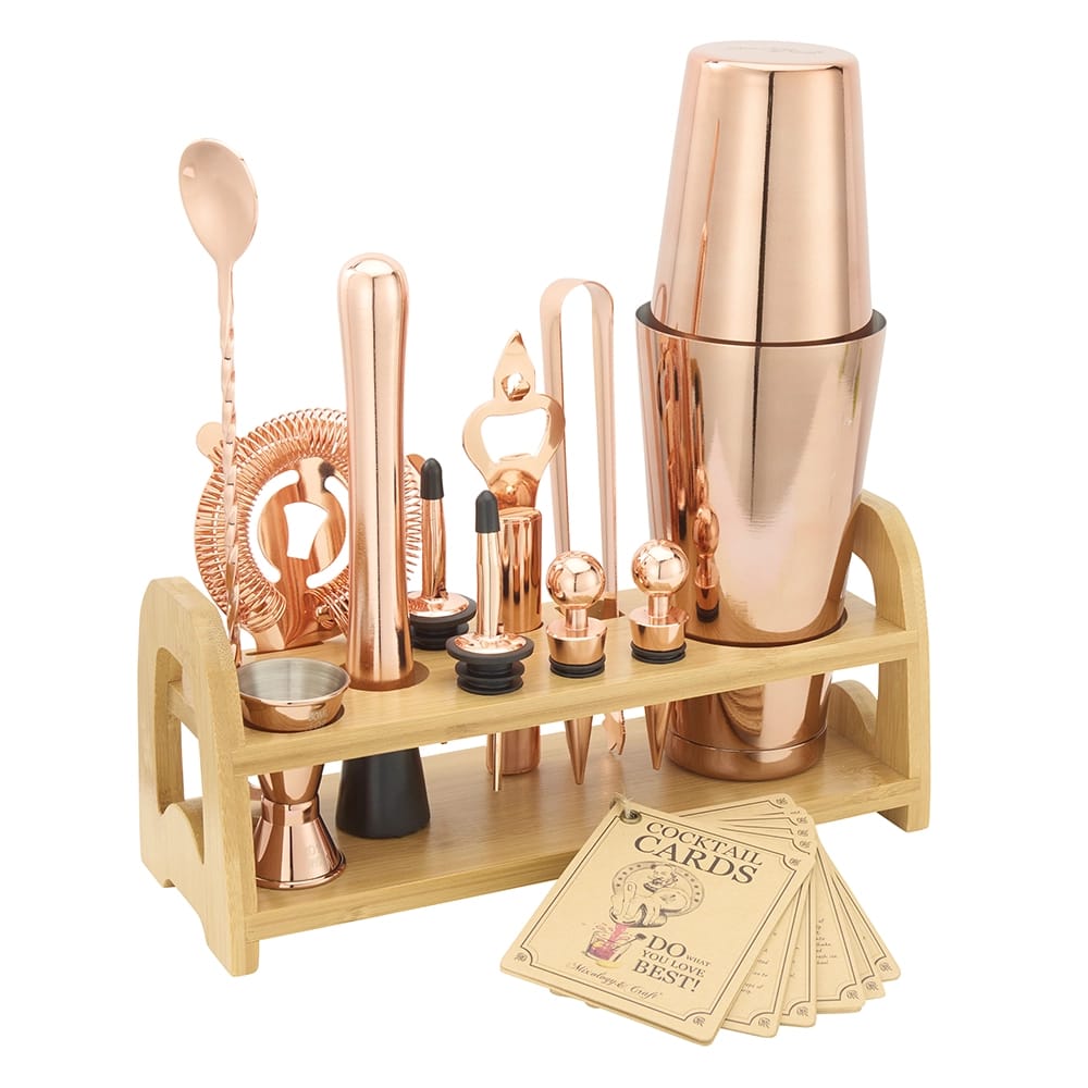 Mixology & Craft 13-Piece Bar Set with Bamboo Stand, Copper Finish