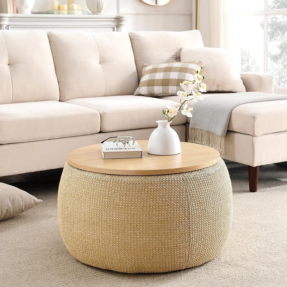 Round Storage Ottoman, Natural