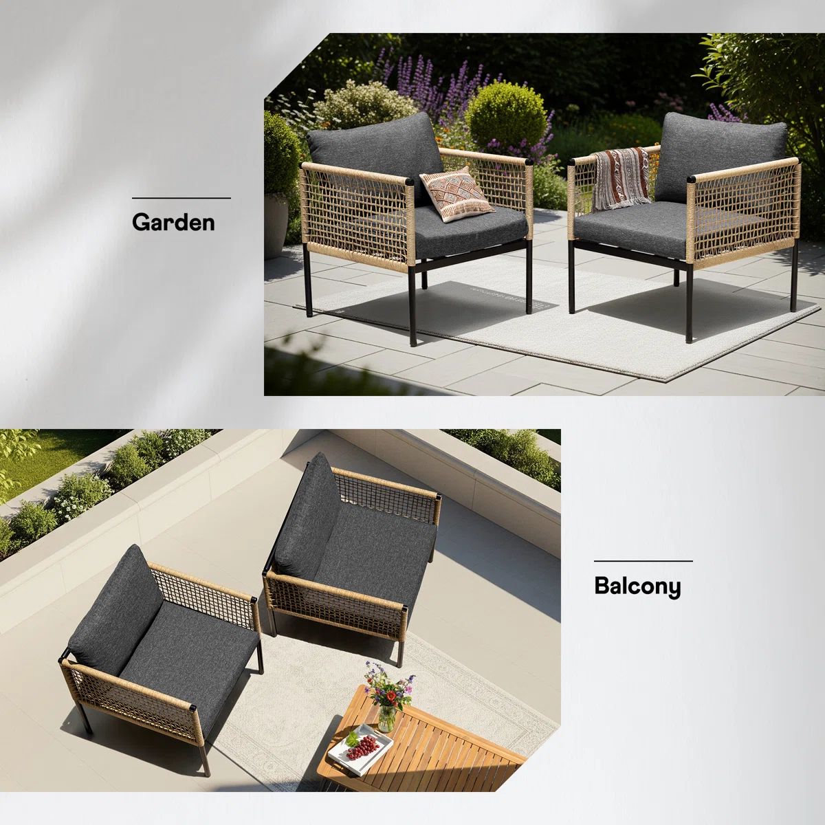 Idzo 2-Piece Oscar Wicker Mix Metal Lounge Chairs, Tan/Gray