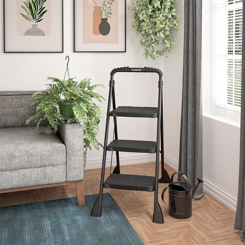 Cosco 3-Step Folding Step Stool with Top Cap, Black