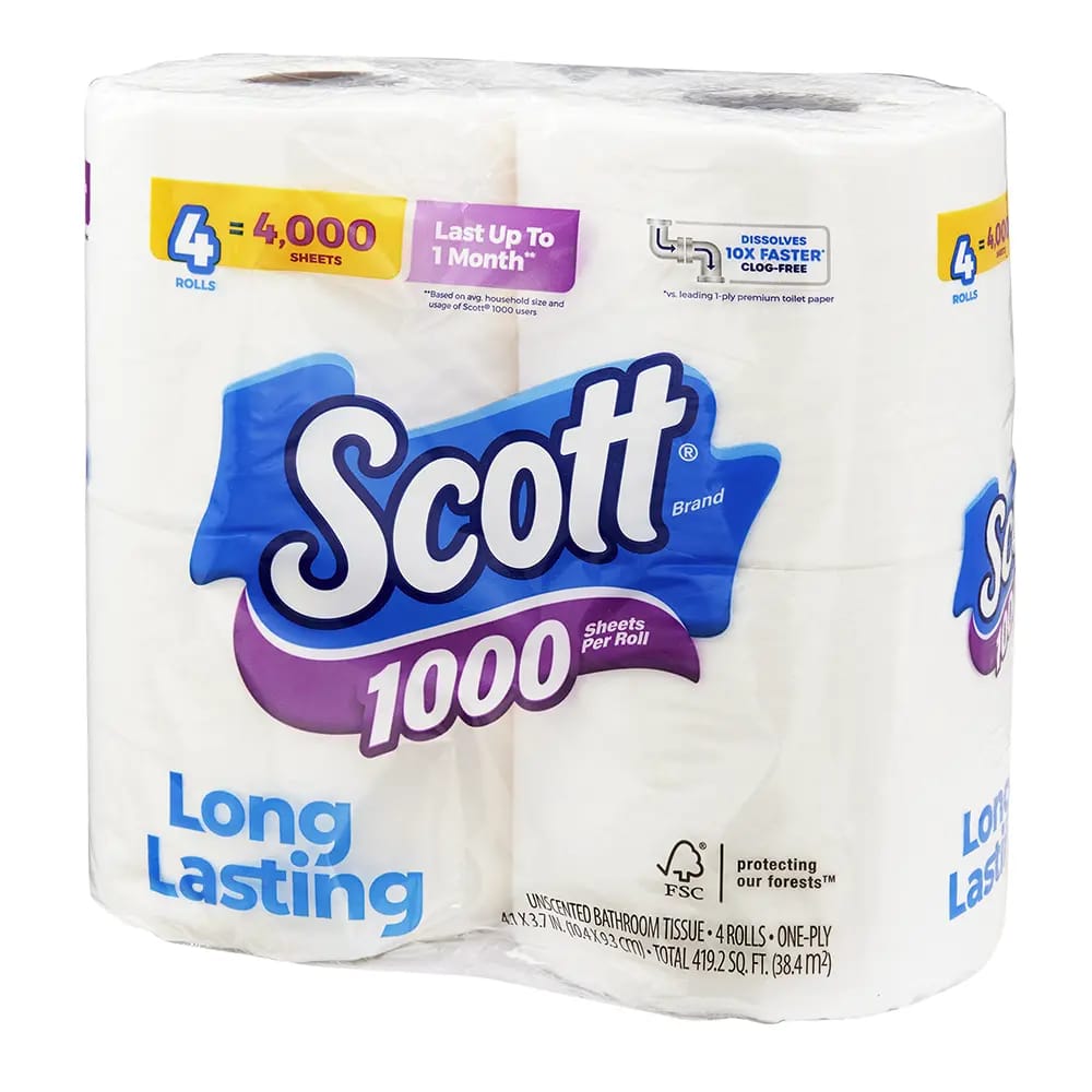 Scott Long Lasting 1,000 Sheets Per Roll Bath Tissue, 4 Rolls