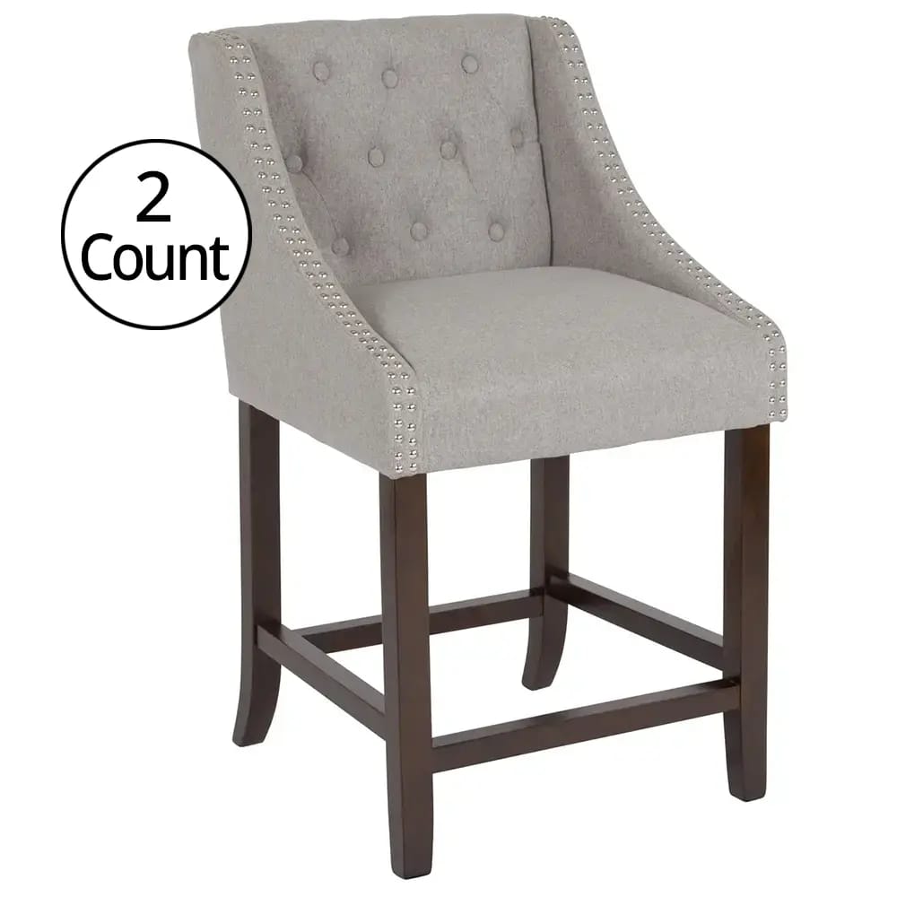 Carmel Series 24" High Tufted Walnut Counter Height Stool, Light Gray, 2 Count