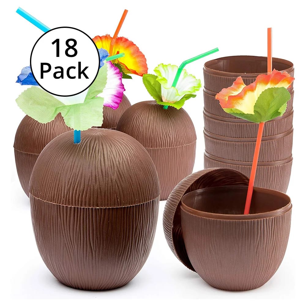 Prextex Coconut Cups with Flower Straws and Twist Close Lids, 16 oz, 18 Pack