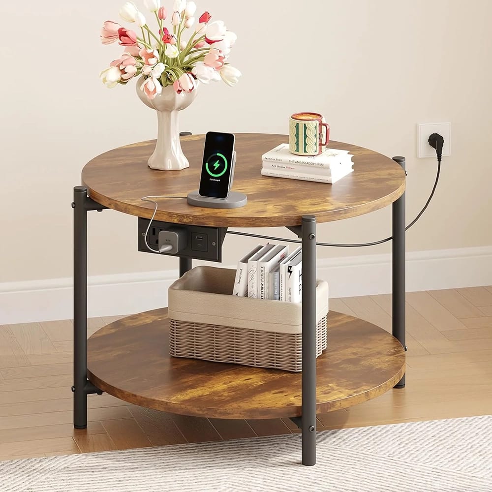 LIKIMIO 23.6" Double-Tiered Round End Tables with Charging Station, Brown