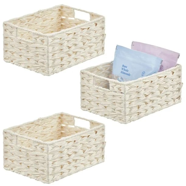 mDesign Woven Kitchen Pantry Storage Basket, White, 3 Pack